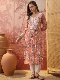 Four Steps - Pink Rayon Printed and Embroidered Kurta