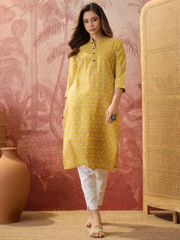 Four Steps - Mustard Printed Pure Cotton Straight Kurta