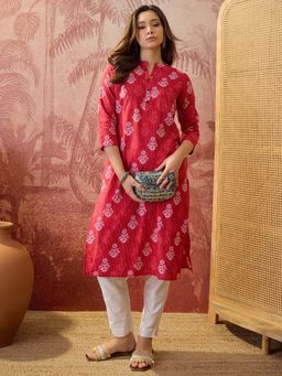 Four Steps - Red Printed Pure Cotton Straight Kurta