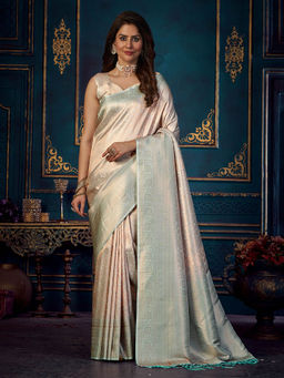 Odette - Peach Silk Blend Woven Saree With Unstitched Blouse