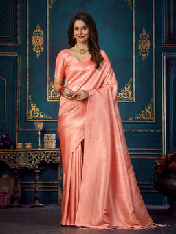 Odette - Coral Silk Blend Woven Saree With Unstitched Blouse