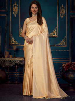Odette - Beige Silk Blend Woven Saree With Unstitched Blouse