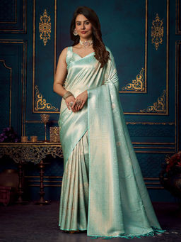 Odette - Turquoise Silk Blend Woven Saree With Unstitched Blouse