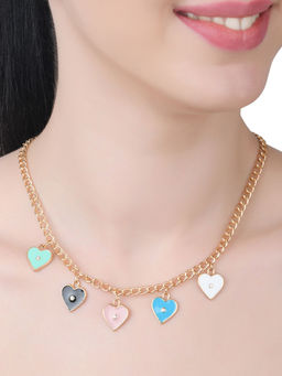Lilly & Sparkle - Gold Toned Multicolour Enameled Heart Necklace with Black Heart Earrings (Set of 2)