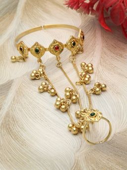 Moedbuille - Crystals Studded Layered Design Gold Plated Kasmiri Haathphool