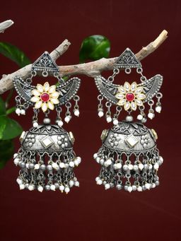 Moedbuille - Kundan Studded Antique Tribal Design Oxidised Silver Plated Tasselled Jhumkas