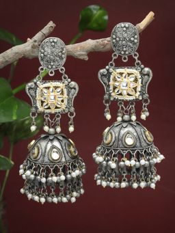 Moedbuille - Kundan Studded Antique Tribal Design Oxidised Silver Plated Layered Jhumkas