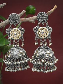 Moedbuille - Kundan Studded Antique Tribal Design Oxidised Silver Plated Layered Jhumkas