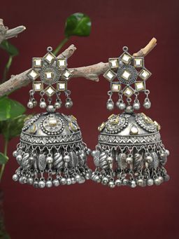 Moedbuille - Kundan Studded Antique Tribal Design Oxidised Silver Plated Tasselled Jhumkas