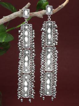 Moedbuille - Mirrors Studded Antique Tribal Design Oxidised Silver Plated Handcrafted Earrings