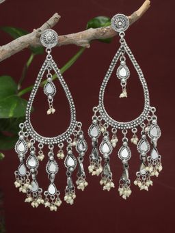 Moedbuille - Mirrors Studded Antique Tribal Oxidised Silver Plated Handcrafted Drop Earrings