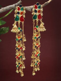 Moedbuille - Meenakari Work Tribal Tasselled Design Gold Plated Kashmiri Earrings