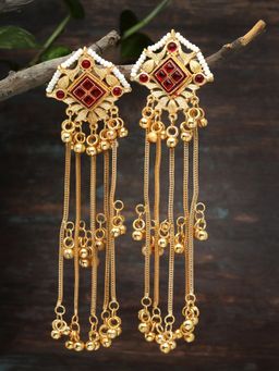 Moedbuille - Crystals Studded Antique Tasselled Design Gold Plated Kashmiri Earrings