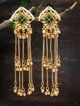 Moedbuille - Crystals Studded Antique Tasselled Design Gold Plated Kashmiri Earrings