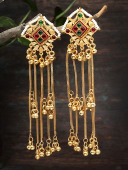 Moedbuille - Crystals Studded Antique Tasselled Design Gold Plated Kashmiri Earrings