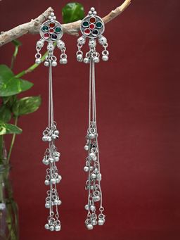 Moedbuille - Antique Afghan Design Oxidised Silver Plated Tasselled Earrings
