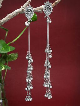 Moedbuille - Antique Afghan Floral Design Oxidised Silver Plated Tasselled Earrings