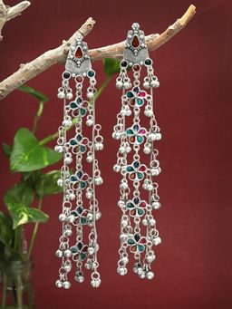 Moedbuille - Meenakari Work Antique Floral Design Oxidised Silver Plated Tasselled Earrings