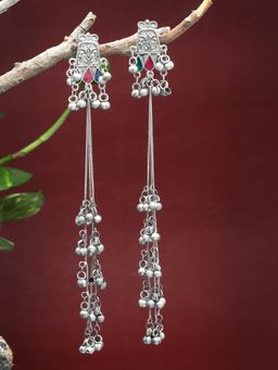Moedbuille - Meenakari Work Antique Floral Design Oxidised Silver Plated Tribal Earrings
