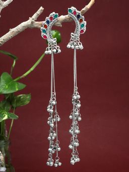 Moedbuille - Meenakari Work Antique Floral Design Oxidised Silver Plated Tasselled Earrings