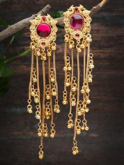 Moedbuille - Stone Studded Antique Tasselled Design Gold Plated Kashmiri Earrings
