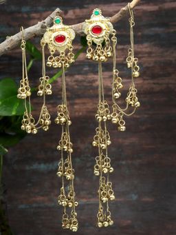 Moedbuille - Ghungroo and Stone Studded Antique Tribal Design Gold Plated Kashmiri Earrings