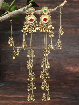 Moedbuille - Ghungroo and Stone Studded Antique Tribal Design Gold Plated Kashmiri Earrings
