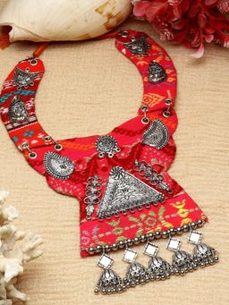 Moedbuille - Mirrors Studded Afghan Tribal Design Oxidised Silver Plated Handcrafted Necklace