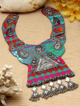 Moedbuille - Mirrors Studded Afghan Tribal Design Oxidised Silver Plated Handcrafted Necklace