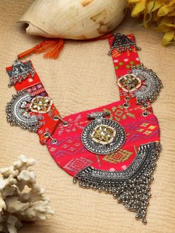 Moedbuille - Kundan Studded Afghan Tribal Design Oxidised Silver Plated Handcrafted Necklace