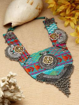 Moedbuille - Kundan Studded Afghan Tribal Design Oxidised Silver Plated Handcrafted Necklace