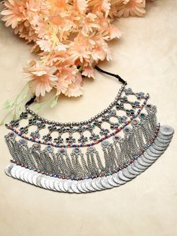 Moedbuille - Antique Tribal Design Antique Silver Plated Afghan Tasselled Necklace