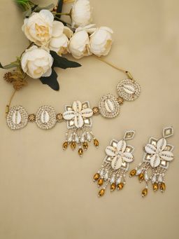 Moedbuille - Mirrors and Beads Studded Handcrafted Off White Contemporary Jewellery Set
