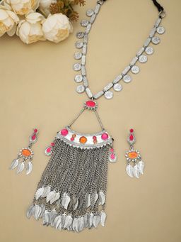 Moedbuille - Meenakari Work Antique Tribal Design Oxidised Silver Plated Tasselled Jewellery Set