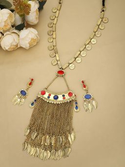 Moedbuille - Meenakari Work Antique Tribal Design Oxidised Gold Plated Tasselled Jewellery Set