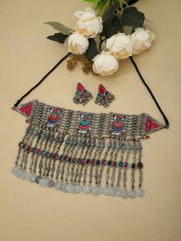 Moedbuille - Handcrafted Tribal Design Oxidised Silver Plated Meenakari Jewellery Set