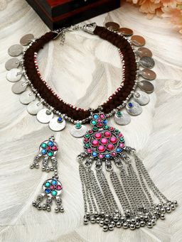 Moedbuille - Handwoven Crystals Studded Tribal Tasselled Oxidised Silver Plated Jewellery Set