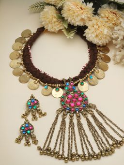 Moedbuille - Handwoven Crystals Studded Tribal Tasselled Design Oxidised Gold Plated Jewellery Set