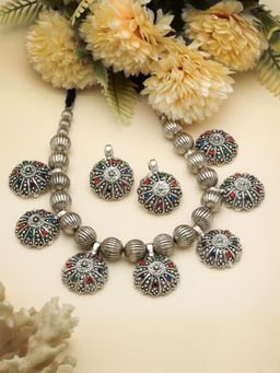 Moedbuille - Crystals Studded Antique Tribal Design Oxidised Silver Plated Jewellery Set