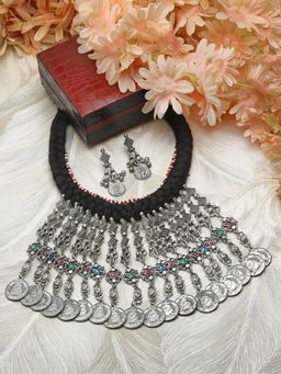 Moedbuille - Handwoven Crystals Studded Tribal Tasselled Oxidised Silver Plated Jewellery Set