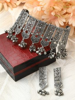 Moedbuille - Ghungroo Studded Antique Tribal Design Oxidised Silver Plated Jewellery Set