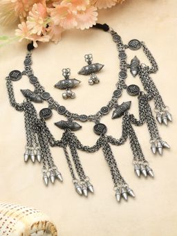 Moedbuille - Tribal Tasselled Design Oxidised Silver Plated Antique Layered Jewellery Set