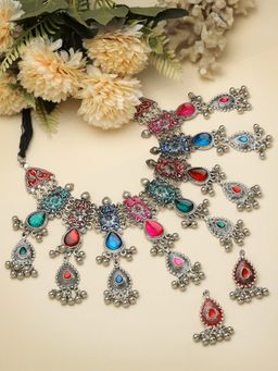 Moedbuille - Handcrafted Meenakari Work Antique Filigree Oxidised Silver Plated Jewellery Set