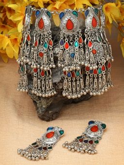 Moedbuille - Meenakari Work Antique Filigree Design Oxidised Silver Plated Tasselled Jewellery Set