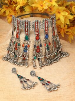 Moedbuille - Meenakari Work Antique Filigree Design Oxidised Silver Plated Tasselled Jewellery Set