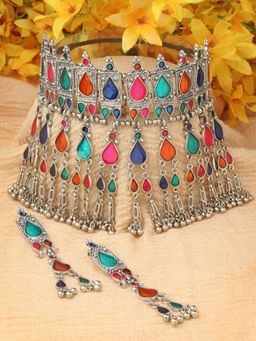 Moedbuille - Meenakari Work Antique Tasselled Oxidised Silver Plated Handcrafted Jewellery Set