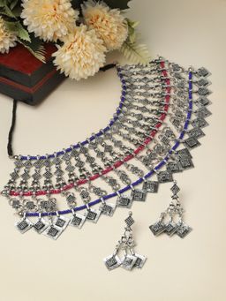 Moedbuille - Beads Studded Layered Tasselled Oxidised Silver Plated Handcrafted Jewellery Set