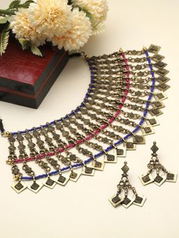 Moedbuille - Beads Studded Layered Tasselled Design Oxidised Gold Plated Handcrafted Jewellery Set