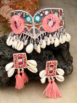 Moedbuille - Crytals Beads and Mirrors Studded Tasselled Contemporary Design Pom-Pom Jewellery Set