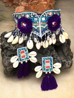 Moedbuille - Crytals Beads and Mirrors Studded Tasselled Contemporary Design Pom-Pom Jewellery Set